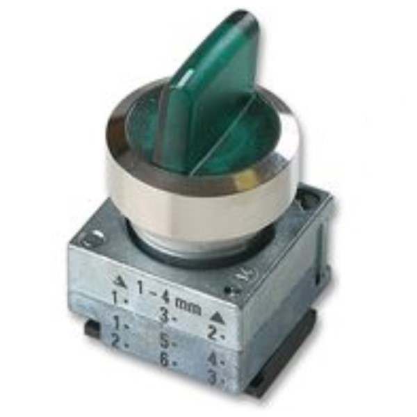 SELECTOR ILUMINADO, 22MM, REDONDA, METAL, VERDE, SELECTOR, CORTO, 3 PosiciónES DE MANIOBRA I-O-II, IZQUIERDA SOSTENIDA, DERECHA MOMENTÁNEA, ÁNGULO DE CONMUTACIÓN 2×50°, CON SOPORTE PARA 3 ELEMENTOS, CON SOPORTE