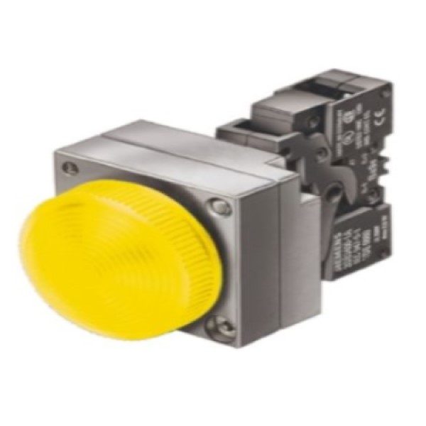 LÁMPARA DE SEÑALIZACIÓN, 22MM, REDONDA, METAL, COLOR AMARILLO, LENTE, ANILLOS CONCÉNTRICOS, CON SOPORTE, PORTALÁMPARAS, CON LED INTEGRADO AC 230V, BORNES DE TORNILLO