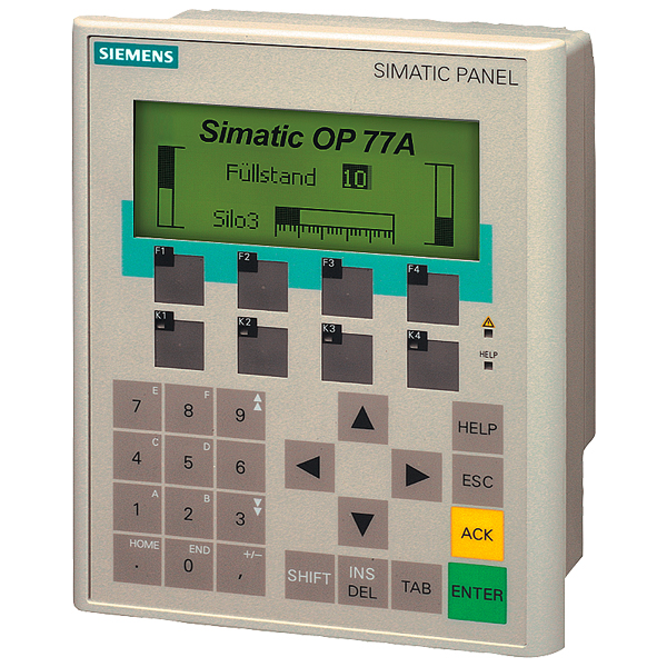 Panel Operador Siemens SIMATIC OP 73 (6AV6641-0BA11-0AX1). Pantalla LC 3 monocroma (160x48 px), teclado membrana. Interfaz RS422/RS485 (MPI/PPI/PROFIBUS DP), 24V DC, IP65 frontal. Configurable con WinCC flexible. Repuesto industrial.
