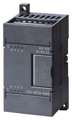 Módulo mixto E/S Siemens EM 223, 32 entradas 24VDC / 32 salidas transistor 0.75A. Ref: 6ES7223-1BM22-0XA0. Compatible con S7-200. Producto descontinuado, disponible como repuesto para mantenimiento de sistemas industriales existentes.