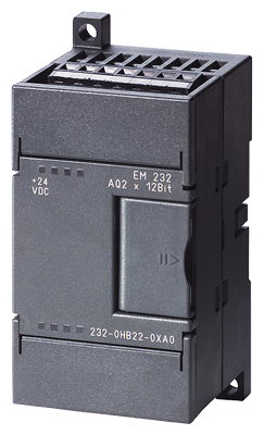 Módulo salidas analógicas Siemens EM 232, 4 salidas (±10V/0-20mA), 12 bits. Ref: 6ES7232-0HD22-0XA0. Compatible con S7-200. Producto descontinuado, disponible como repuesto para mantenimiento de sistemas industriales existentes.