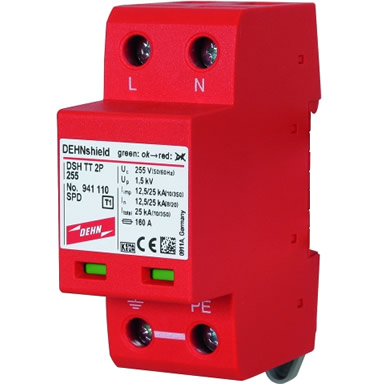 Supresor tipo 1 bajo UL, Clase II bajo IEC, Voltaje nominal 120/240V 2 polos + Neutro/Tierra, Corriente de descarga máxima 50kA, Corriente nominal de descarga 20kA, Voltaje de protección L-T 700Vpico _ L-L 1500Vpico), montaje en riel DIN. DEHN